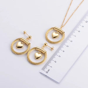 Golden 18K plated stainless steel heart pendant necklace and twist ring earrings set