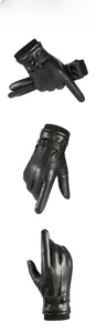 Detail view of black PU leather gloves with knit ribbed cuffs and adjustable wrist strap