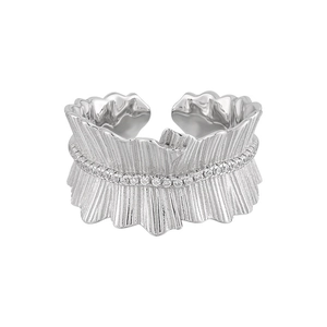 S925 sterling silver open ring with irregular pleated texture and zircon stones inlay