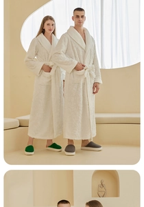 Detail of plush double-layered flannel bathrobe showing thick texture and shawl collar