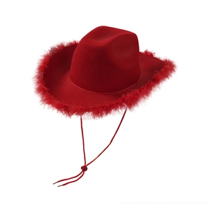 Close-up of deep red cowboy hat with fluffy feather trim and adjustable chin cord