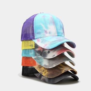 Tie Dye Mesh Trucker Hat Ponytail Hole Adjustable Baseball Cap Outdoor Sun Protection Sports Headwear For Women