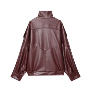 Back view of burgundy faux leather jacket showing premium texture and elastic hem detail