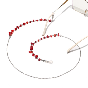 Fashionable eyewear chain with natural red coral beads and durable silver metal links