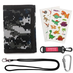 Detailed set of pixel camo tri-fold wallet with dinosaur stickers and lanyard