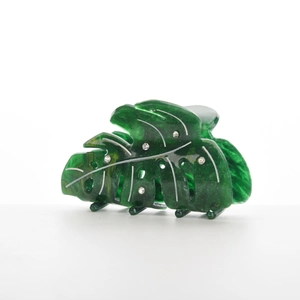 Pince à cheveux feuille de monstera vert foncé avec strass et motifs nervures blancs