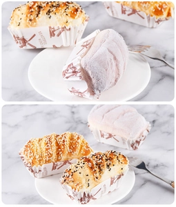 Close-up of rectangular greaseproof paper cake cups with windmill pattern for bakery display
