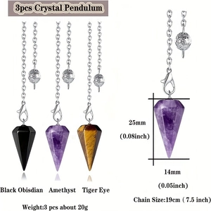 Three crystal pendulum necklaces with Amethyst and Tiger Eye in hexagonal cone shapes