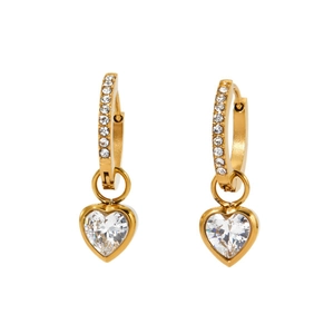Gold stainless steel heart drop earrings with cubic zirconia stones in elegant 45-degree view