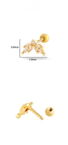 Macro display of gold zirconia flower stud earrings with screw back and dimensions