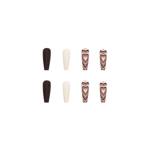 Long coffin false nails set featuring brown and cream tones with layered heart patterns