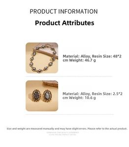 Detail specifications of vintage resin necklace and earrings with weight and size data