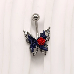 Deep blue butterfly belly ring with a red rose and sparkling rhinestones on silver metal
