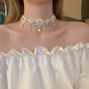 Artificial Pearl Choker Necklace Woven Lace Flower Crystal Rhinestone Dangle Vintage Elegant Jewelry For Women