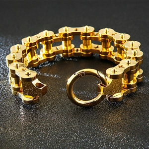Men's gold stainless steel bicycle chain bracelet with industrial hip hop style