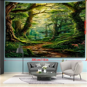 Detail showing the 300x180cm size dimensions for the forest landscape wall tapestry