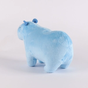 Detailed side view of a soft blue capybara plush toy with premium fluffy texture