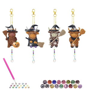 DIY Halloween keychain set with diamond painted Highland cow pendants and colorful beads