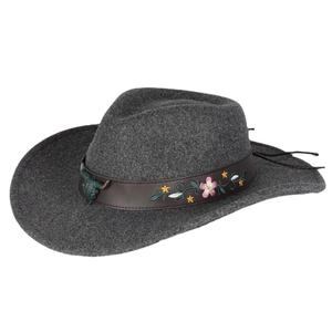 Dark grey fedora hat with bull head ornament and floral embroidery on a leather band
