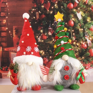 Two Christmas gnomes with snowflake and tree patterns on a warm festive background