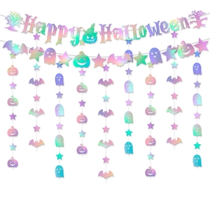Iridescent Happy Halloween banner set with bat and pumpkin hanging decorations