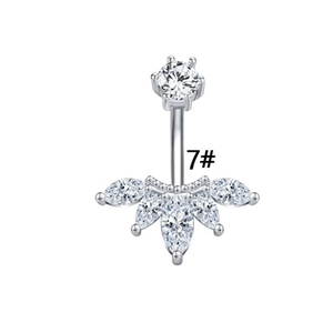Close-up of silver belly ring featuring a marquise-cut zircon flower fan design