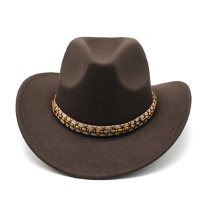 Western Cowboy Hat Wide Brim Wool Felt Ethnic Braided Bead Belt Retro Vintage Fedora Jazz Cap For Men Women