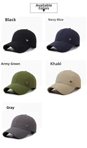 Detailed display of casual baseball caps in five colors with a triangle metal emblem