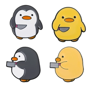 Funny cartoon penguin and yellow duck enamel pins with small knife meme designs