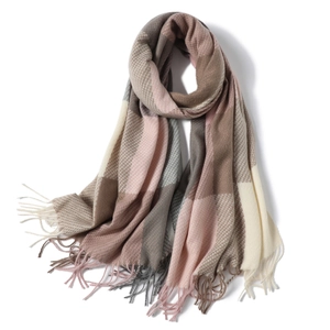 Plaid imitation cashmere scarf with tassels in khaki pink and grey check pattern