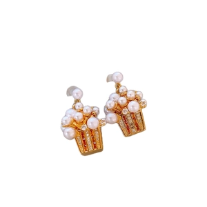 18K gold-plated popcorn design stud earrings with white pearls and sparkling cubic zirconia