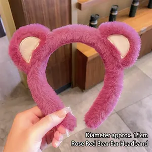 Detail showing plush rose red bear ear headband with soft texture and 15cm diameter