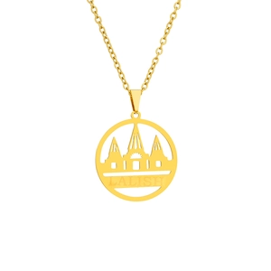 Golden stainless steel necklace featuring a circular Lalish temple silhouette pendant