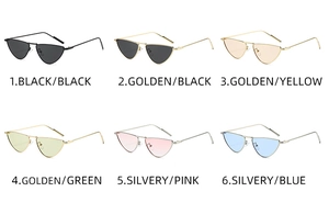 Selection of metal cat-eye sunglasses in six color variations with tinted lenses