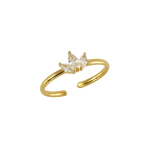 Gold stainless steel maple leaf ring featuring three marquise-cut marquise zircon stones