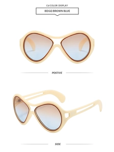 Detail view of large beige sunglasses with brown blue gradient lenses from two angles