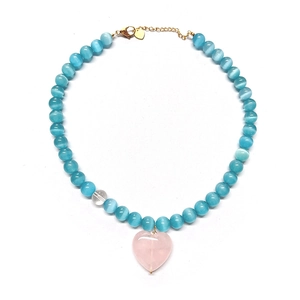 Glacier blue cat eye beaded necklace with a large pink heart gemstone pendant