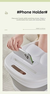 Detail of the foldable foot soaking bucket featuring a built-in mobile phone holder slot
