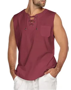Detail of burgundy linen sleeveless shirt featuring V-neck lace-up and chest pocket