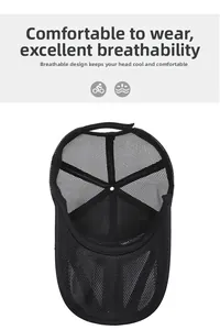 Top view of black mesh baseball cap showing breathable texture and ventilated structure