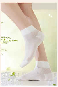 Detailed close-up of white mesh summer socks with breathable texture and cooling mint theme