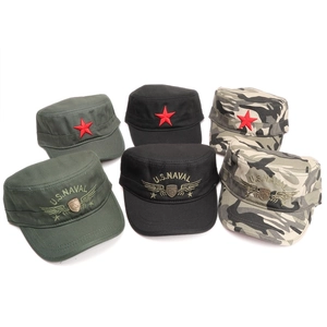 Flat top patrol caps in army green, black, and camo with red star and naval badges