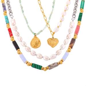Elegant multi-layered titanium steel necklace with natural stones and irregular pearls