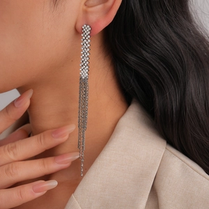 Detailed view of silver tassel drop earrings with sparkling rhinestones worn by a model