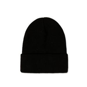 Detail of black knitted beanie showing vertical ribbed texture and folded brim design