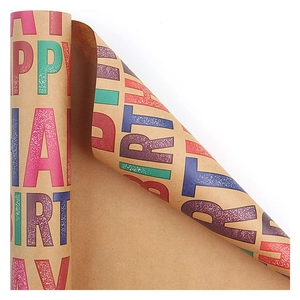 Colorful Happy Birthday lettering on thick kraft gift wrapping paper roll on white base