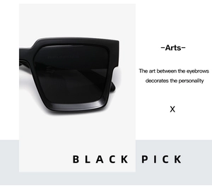 Close-up of black square sunglasses showing frame model E31913 and size 57-17-142