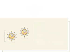 Detail of sunflower studs in S925 silver with synthetic opal and white zircons