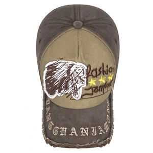 Retro distressed baseball cap with Indian patch and worn edge in dark brown and green