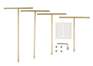 Detailed view of the 4-tier golden T-bar jewelry stand components with white base